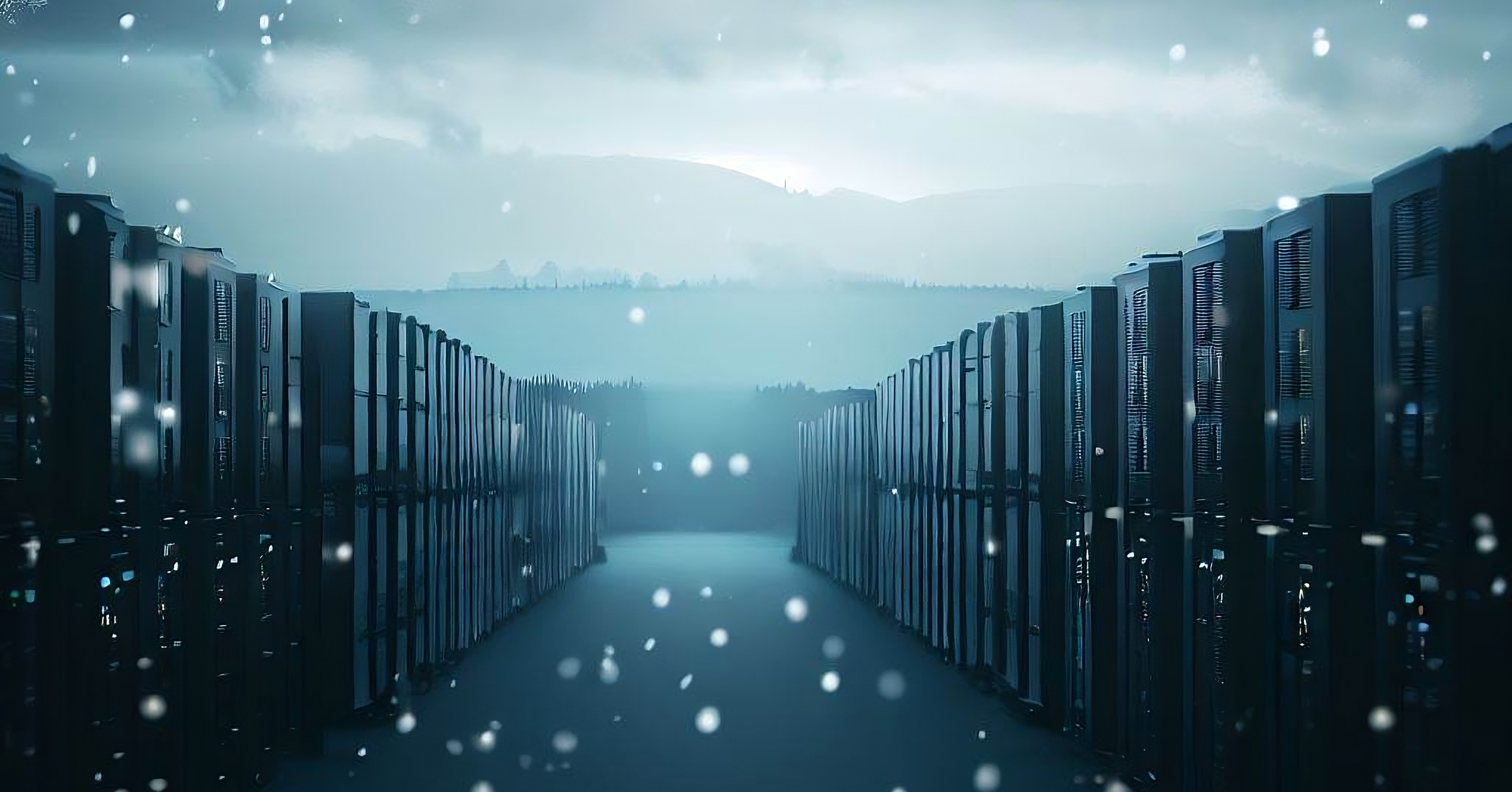 “Calming first flakes of snow on the horizon in a server room” – DALL·E
